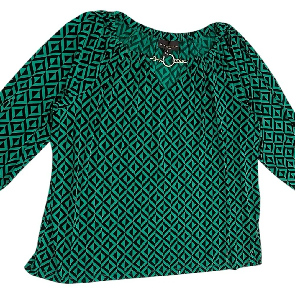 Dana Buchman 1X Plus Women’s Geometric 3/4 Sleeve Blouse Gold Chain Elegant - Picture 1 of 10